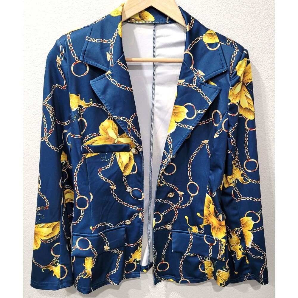Shein Blue & Gold Floral Butterfly & Chain Print Blazer Jacket Size S
